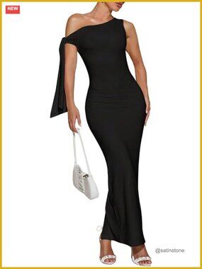 One Shoulder Asymmetrical Tie Bodycon Maxi Dress Stretchy